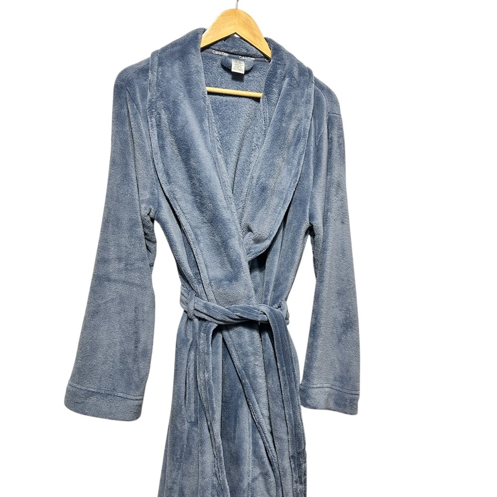 Calvin Klein Women Robe ML Blue Plush Fleece Shawl Collar Tie Waist Loungewear